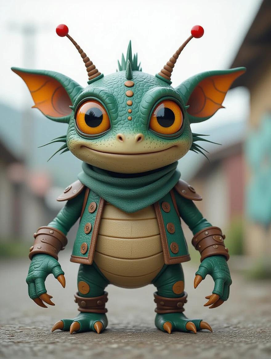 Full body design of a weird character in a macro view. The character features large eyes, pointy ears, and vibrant colors with a playful expression.