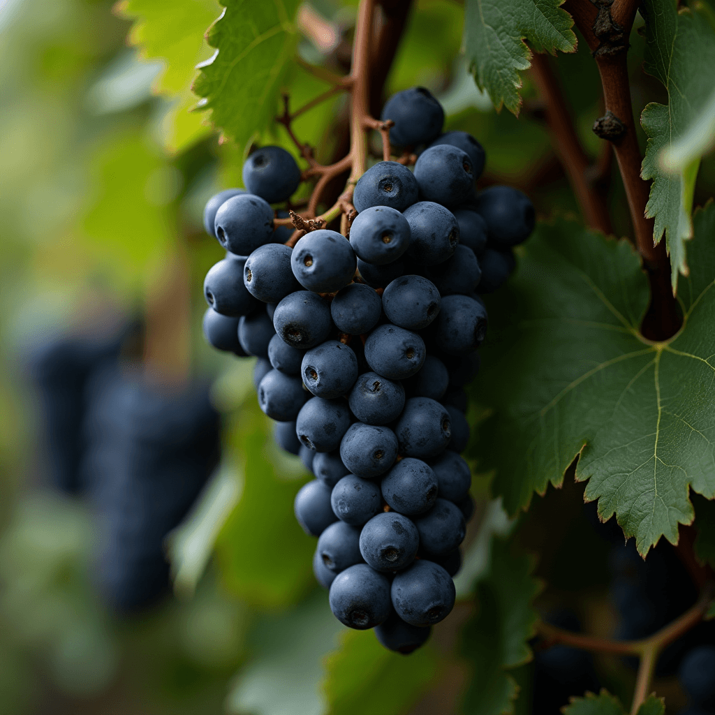 A cluster of ripe, dark grapes hanging from a vine amidst lush green leaves.