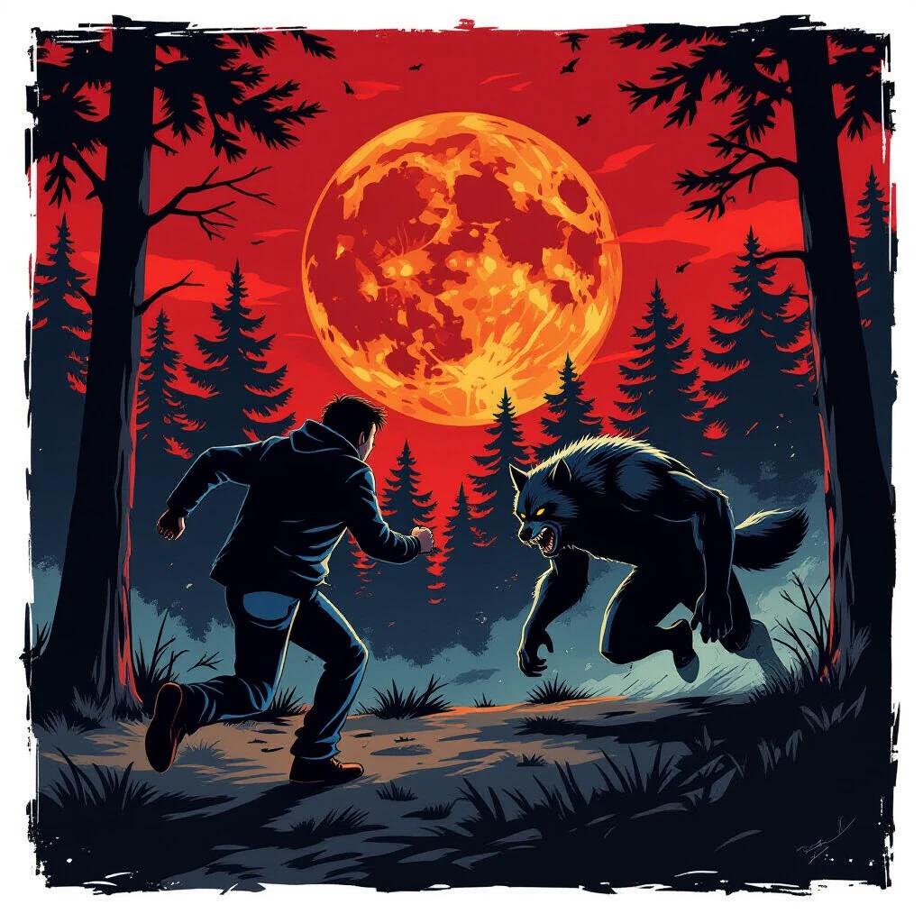 A man is running from a werewolf. Red full moon night creates an eerie glow. Dense pine forest surrounds the scene. Comic book style enhances the horror atmosphere.