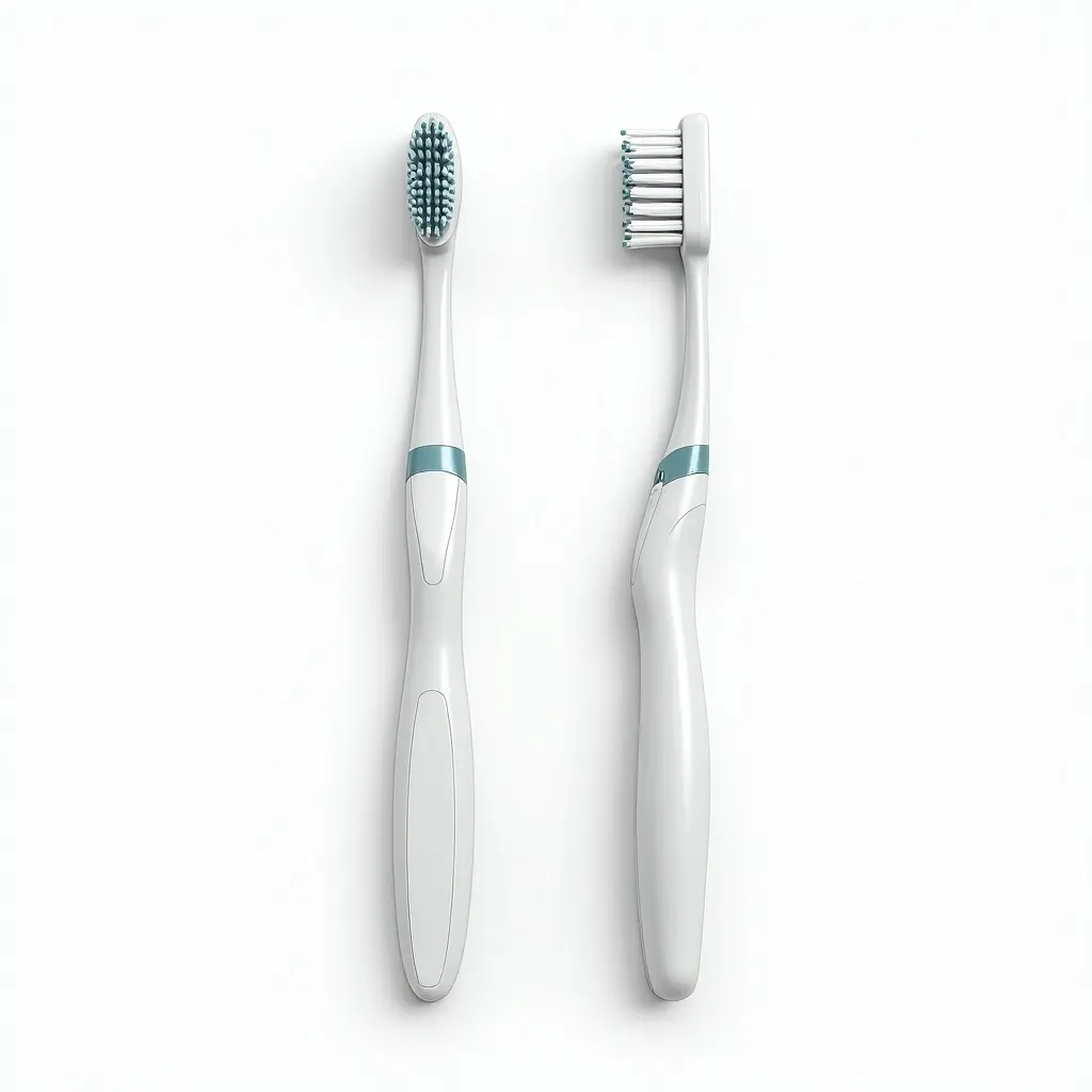 A hyper-realistic dual-brush toothbrush with an ergonomic handle and two brush heads. One head is positioned at the front and the other at the back. Both heads have soft bristles. The handle is detailed for functionality. The background is bright white with soft lighting and shadows.