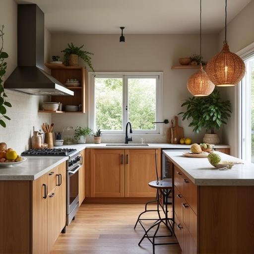 A realistic depiction of a modern kitchen. Features wood cabinetry and a simple layout with natural light. Elements like plants and dining areas are included. Light fixtures hang above. Cooking utensils and produce are placed on surfaces.