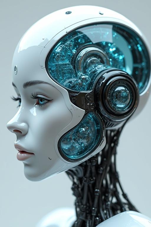 3D model of a futuristic robot with a crystal face showing internal components of its head and brain