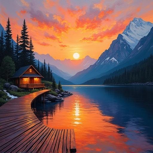 Oil painting of a sunrise over mountains with a serene lake. A cozy hut sits on the water's edge with a wooden walkway. The sky is filled with vibrant orange and pink clouds reflecting in the calm lake. Pine trees surround the scene adding depth. Scenic tranquility captured in a vintage style.
