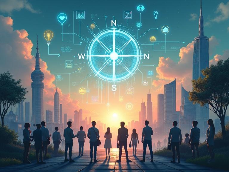 The image illustrates a futuristic city at dawn. A diverse group engages around a central AI interface displaying ethical symbols. A glowing compass labeled with themes like Transparency and Fairness hovers above. Cool tones mix with warm hues, showcasing sustainability. Visual motifs create a sense of urgency and empowerment regarding AI's future.