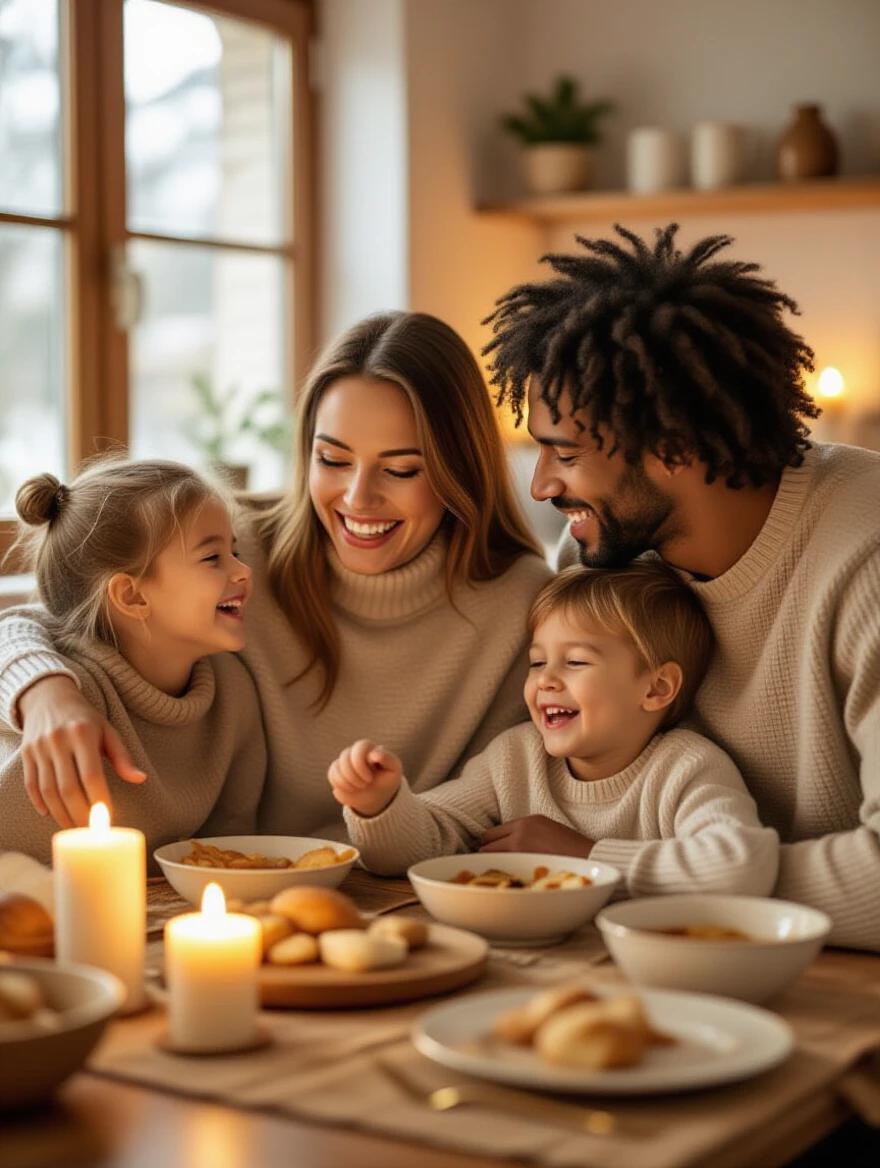 Family meal with laughter and happiness. Mother enjoys time with children. Light and cozy atmosphere created by candles. People appear joyful and relaxed. Warm colors enhance emotional intimacy.