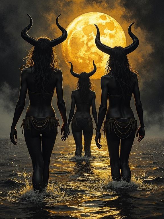 Figures with horns in water with a burnished gold effect. Artwork evokes watercolor style with ink on dark canvas. Horned women wading into the sea under a full moon.