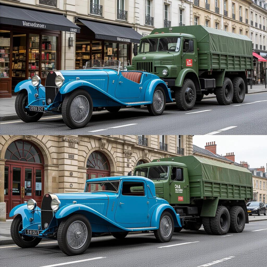 Photorealistic street scene in Waterloo 2025. Dramatic contrast with a pristine 1924 Bugatti Type 35 in French Racing Blue parked beside a decayed Soviet military truck from 1954. The scene captures meticulous details of both vehicles. Shot at twilight on rain-slicked cobblestones with a low-angle perspective to express size disparity. Steam rises from the Bugatti's exhaust while oil drips from the truck. Historical and mechanical elements are highlighted with reflections of street signs and ads in puddles.