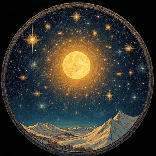 Circular coin design featuring a starry night sky with a central bright moon.