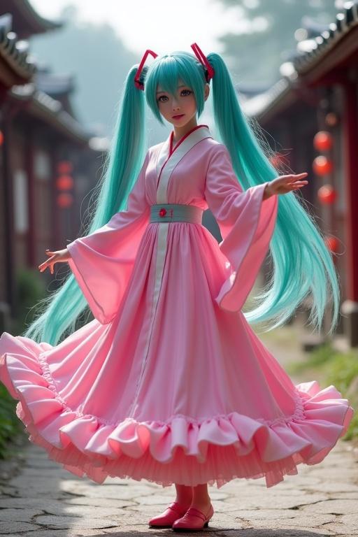 Hatsune Miku dressed in a pink dress with long aqua hair in a traditional Japanese village setting. She is gracefully dancing with an elegant posture.