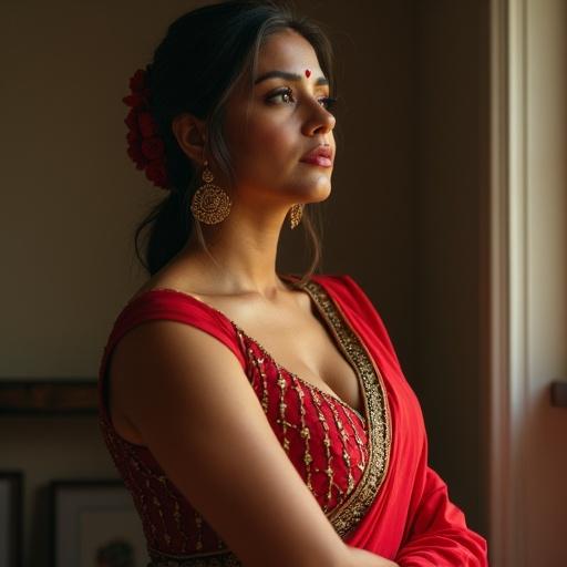 An Indian woman in a red saree with intricate details. She has jewelry and floral decorations in her hair. The setting appears warm and inviting with soft lighting.