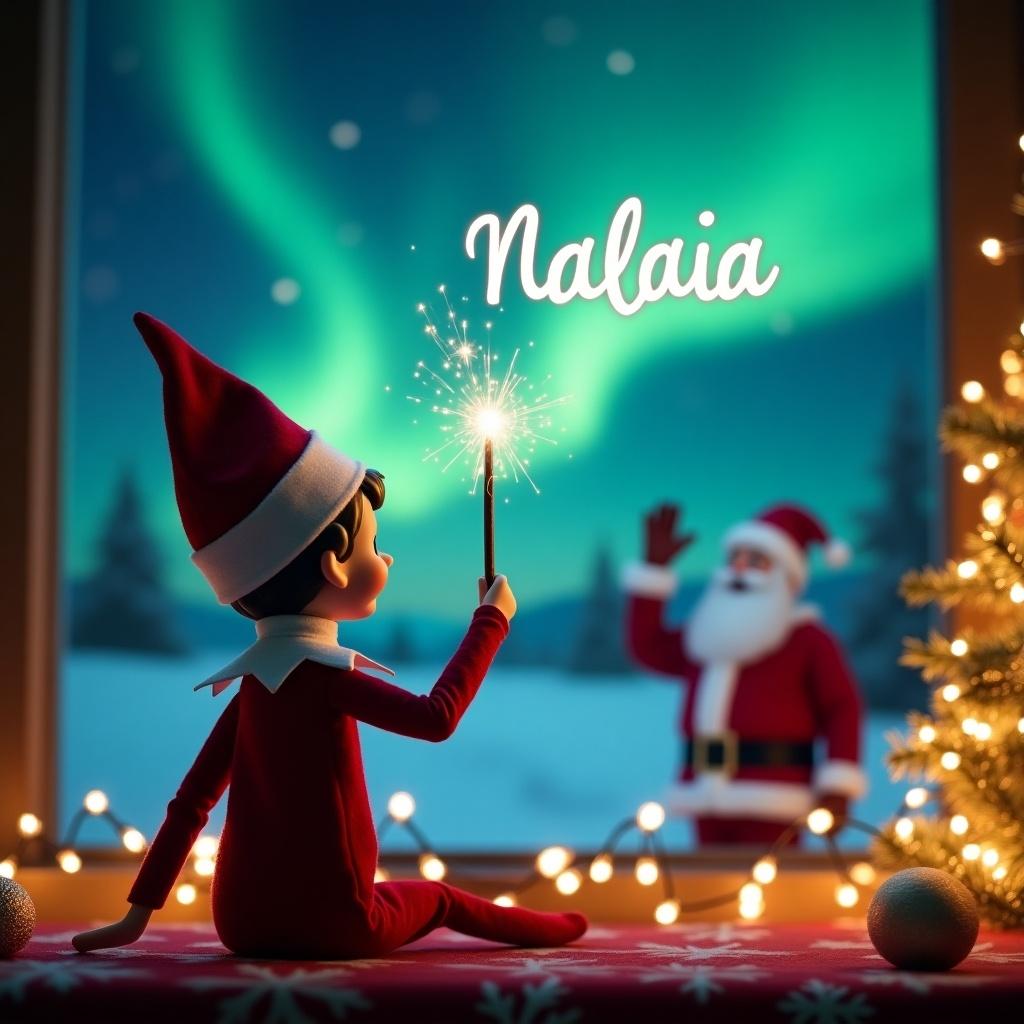 Cute elf on the shelf writing name in the air. Facing northern lights at night. Santa Claus waving in the background. Decorated Christmas tree and lights in scene.