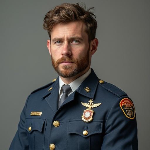 A well-groomed man wearing a law enforcement uniform stands confidently. Features a distinct badge and insignia. Captured in a studio setting with a plain background. Focus on the upper body.