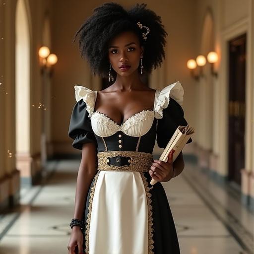 Model inspired by Yemọja. Deep black skin with Japanese facial features. Glossy black hair with kanzashi hairpieces. Wearing European classic maid uniform in black and white. Dress highlights hourglass figure. Lace decorates collar, cuffs, apron. Model walking in luxury hallway holding documents. Confident posture with inviting expression.