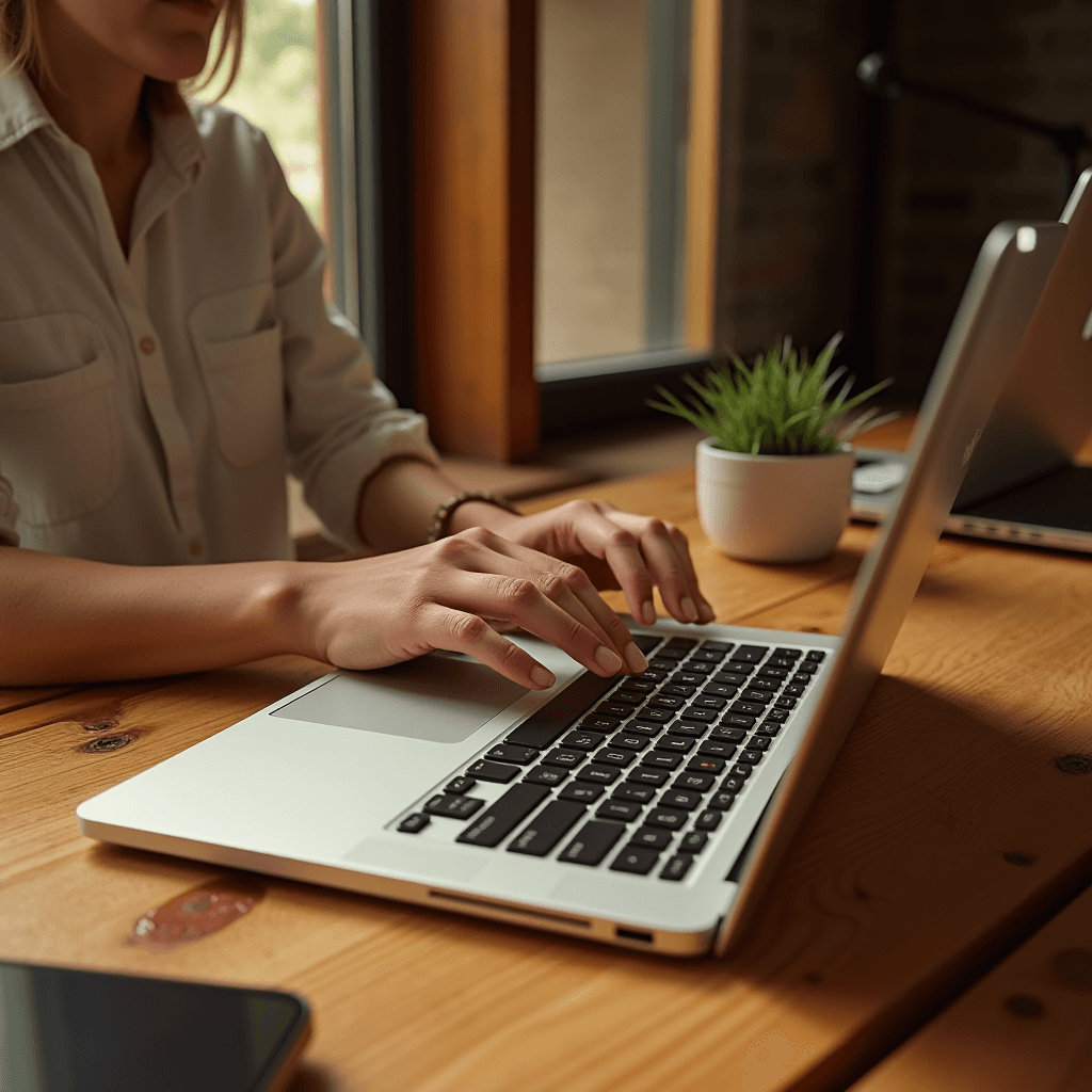 A person is typing on a laptop at a wooden desk with natural light coming in.