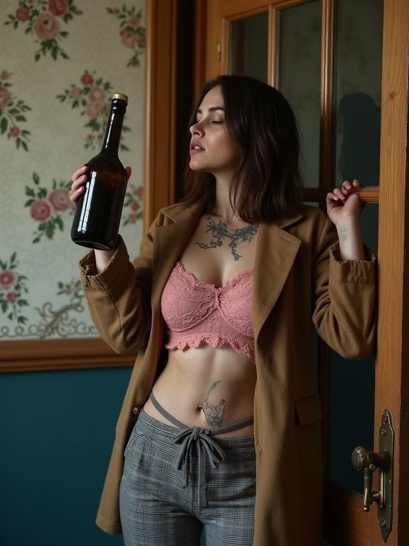 Photograph of a woman in a vintage room. She is heavily tattooed with shoulder-length brown hair. Her expression shows relaxed sensuality. She wears a pink lace t-shirt and an oversized tan blazer. Gray plaid pants with a drawstring are worn. A dark vodka bottle is held close to her chest. Floral wallpaper features pink and green patterns. Soft lighting creates intimate mood.