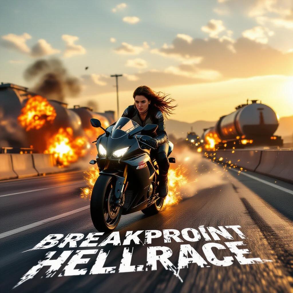Action-packed image featuring a female rider on a superbike racing down a freeway with explosions. Golden hour lighting enhances the dramatic scene. Title displayed on the ground.