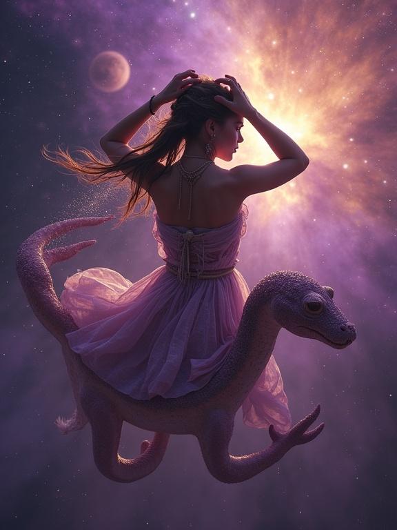Scene depicts a slavic girl floating in zero gravity, petting a strange space creature, hands raised, stardust trailing, surrounded by a purple and gold nebula, soft backlighting, glowing atmosphere, peaceful expression, surreal beauty.