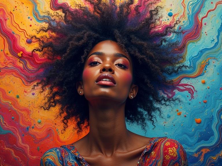 Stunning portrait of a woman with large afro hair against a colorful abstract background. The colors are vibrant and swirling, resembling a cosmic storm.