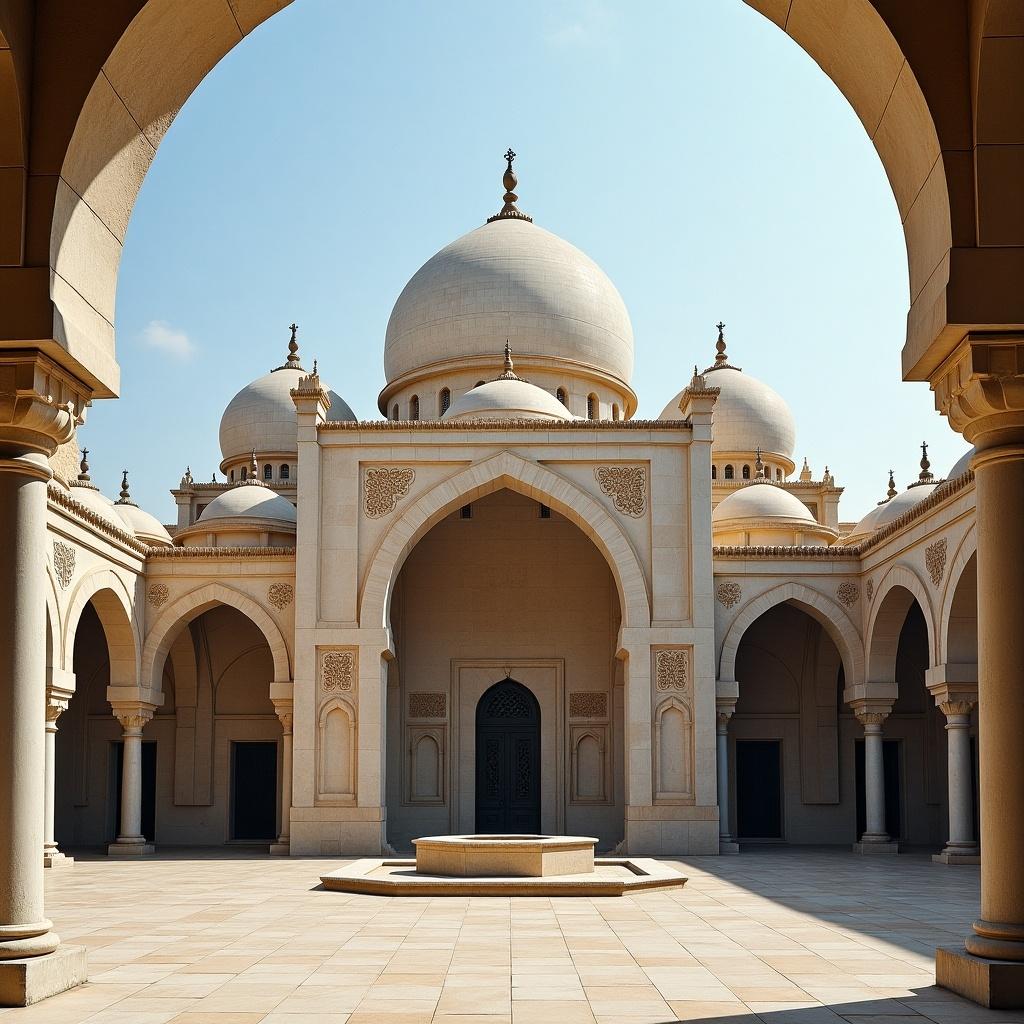 A beautiful mosque courtyard with domes and arches. The design features intricate details and a central fountain. The sunlight creates a serene ambiance. The style reflects classic Islamic architecture.