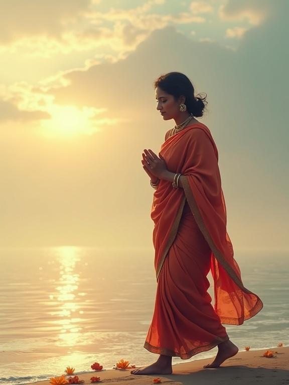 Scene captures a mother in a simple royal sari walking on a sandy riverbank at Ganga. She walks slowly with clasped hands and tears falling down her cheek. The calm water reflects soft sunrise light and golden hues. Breeze moves her hair and sari. Background is peaceful with gentle fog and hints of floating flowers symbolizing sorrow.