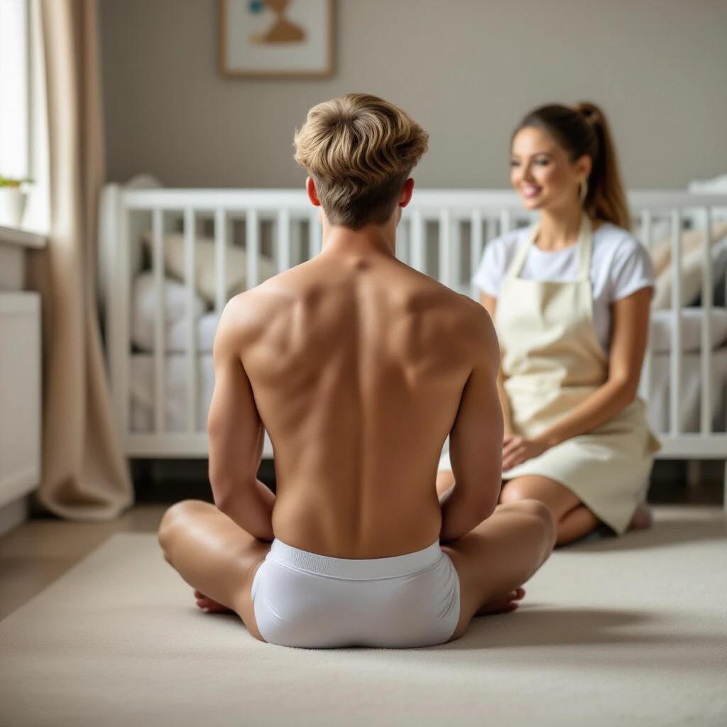 A young man with blond hair sits cross-legged on the floor of a nursery. The young man is wearing tight white underwear. A woman dressed in a smock apron is visible in the background. The setting is softly lit and warm.