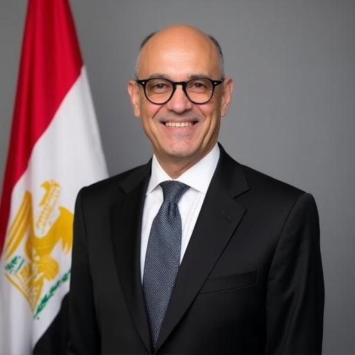 Professional portrait of a confident middle-aged man in a black suit. He has a bald head and wears round black glasses. The man smiles warmly next to an Egyptian flag. The background is neutral emphasizing the formal nature of the photo.