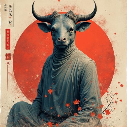 Create a whimsical illustration of a unique dish with artistic elements and a stylized figure of a bull.