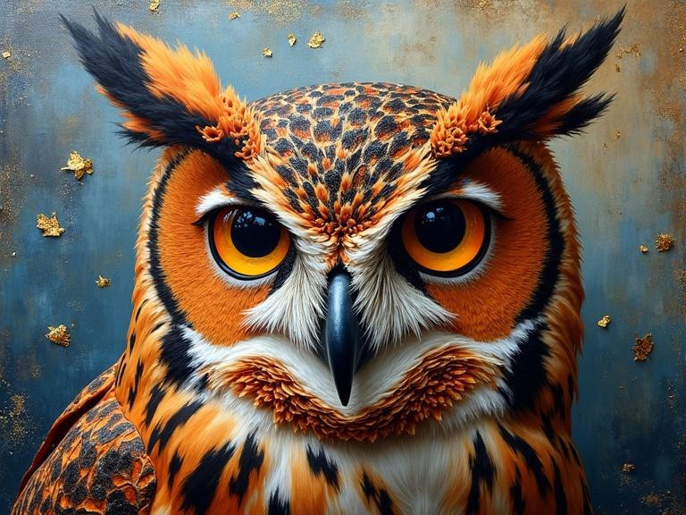 Oil painting of a vibrant owl created using mixed media. Features a blend of textures and colors including thick impasto and collage elements. A stunning and captivating composition with a magical quality.