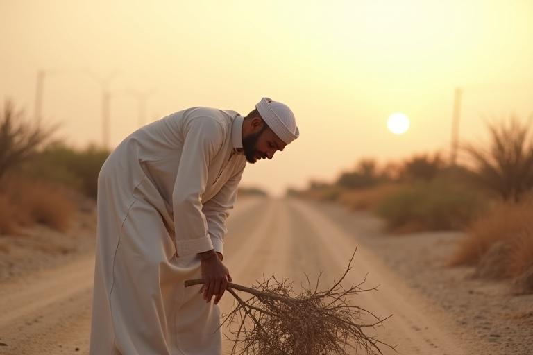 Muslim man bends down to pick up thorny branch in desert. Wears traditional clothing. Soft warm sky suggests late afternoon. Scene is calm and thoughtful.