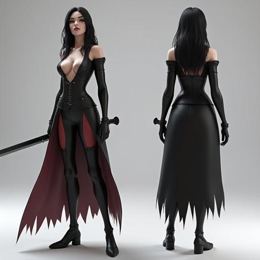 A 3D model depicts a feminine vampire hunter in an a-pose. The model showcases front, side, and back views. The character features an hourglass silhouette with stylized body forms and an intricate outfit design. The rendering uses octane software, emphasizing soft lighting effects. This visual acts as a character datasheet suitable for various creative projects.