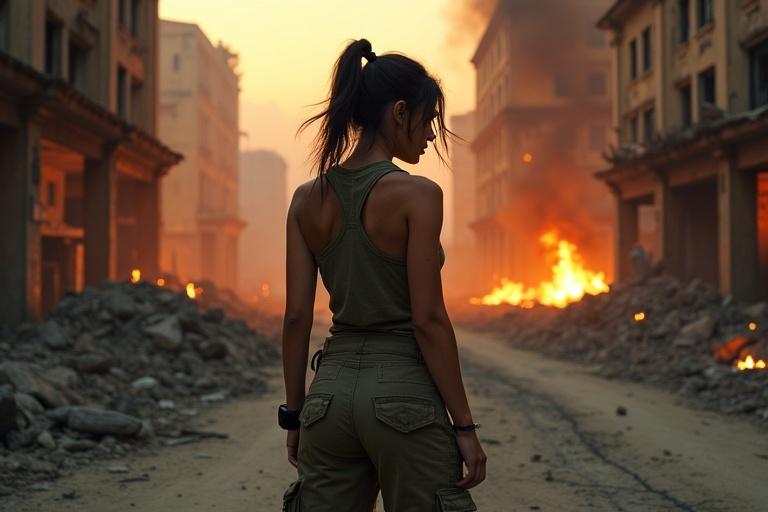 Over-the-shoulder shot of a fighter girl glancing at smoking ruins. The city is devastated with fiery orange light. She wears an olive green tank top and dusty cargo pants. Her combat boots are on cracked pavement. Her hair flows in the breeze. Her expression is determined and reflective.