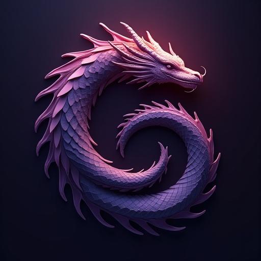 Long purple spiral dragon minimalist design with golden light tones black background for logo seen frontally with tail at deep center and head at spiral end.