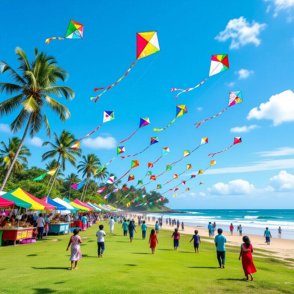 Vibrant kite festival in Sri Lanka. Sunny day with colorful traditional and modern kites in clear blue sky. Children and families enjoy event on green field near beach. Coconut trees sway in breeze. Sri Lankan flags flutter. Stalls with local food and snacks. Traditional Sinhala decorations create festive atmosphere.