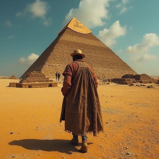 Pyramids of Egypt shown in high quality image. A person walks towards the pyramid of Giza. Bright sky and desert landscape are visible.