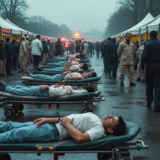 Scene of hospital emergency triage drill during crisis with mass casualties. Medical staff in uniforms carry out triage outside a temporary medical area. Injured patients with simulated wounds lie on stretchers, tagged with colored triage tags. Doctors and nurses are actively checking vitals and coordinating patient flow. Tents and emergency vehicles are visible, atmosphere is tense, showing urgency and professionalism. Shot in high detail, realistic lighting, documentary style.