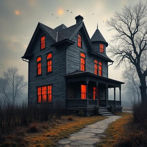 Graffiti art depicting a haunted house. The house is old and dark with glowing red windows. Surrounding landscape is eerie with fog.