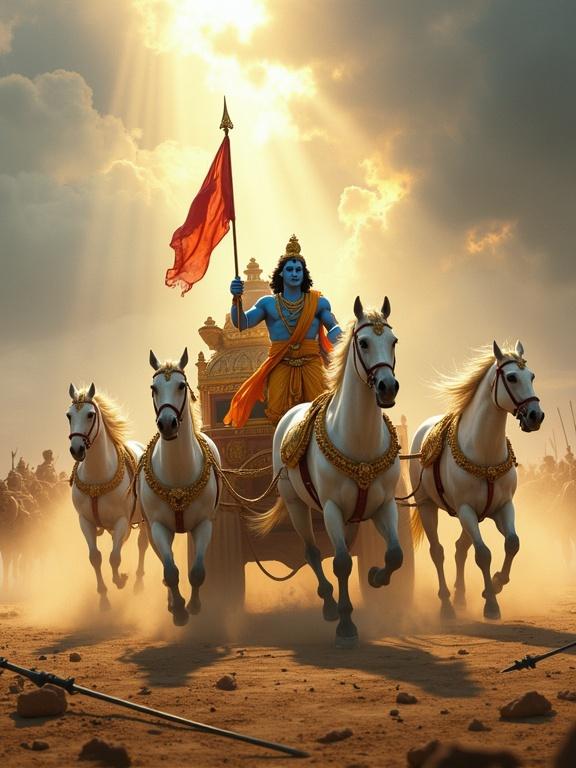 Dynamic mythological battle scene from Mahabharata. Richly decorated chariot charging across dusty battlefield. Five white horses in full gallop. Lord Krishna with blue skin holding reins. Arjuna with golden armor and Gandiva bow. Red battle flag flying. Battlefield with fallen weapons. Dramatic sunlight and stormy clouds.