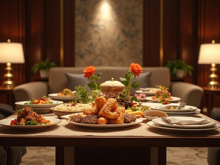 Scene of a luxury hotel setting with elegant dining arrangement. Table filled with beautifully presented gourmet meals. Soft lighting creates a warm atmosphere. Guests seated in comfortable area enjoying the feast.
