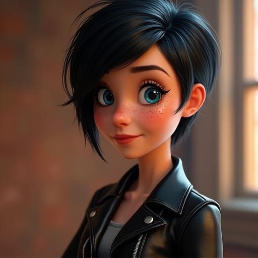 Pixar animated character. Female character with pixie black hair. Slim thick figure in leather outfit. Freckles on face and blue eyes.