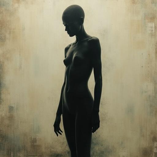 An abstract human figure without gender or identity. The figure displays a dark silhouette with minimal anatomical detail. It is set against a textured background in a conceptual art style. The composition is moody and expressive.