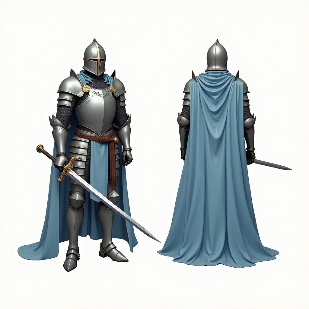 This image features a detailed digital illustration of a fantasy knight depicted in loosely fitted armor. The knight is shown in both front and back views, holding a sword in each hand that suggests readiness for battle. The armor is a mix of shiny silver and blue tones, complemented by a light blue cloak that flows gracefully from the shoulders. The neutral background ensures that the focus remains on the knight's intricate design and weapon. Overall, the illustration portrays a classic representation of a heroic figure in fantasy settings.