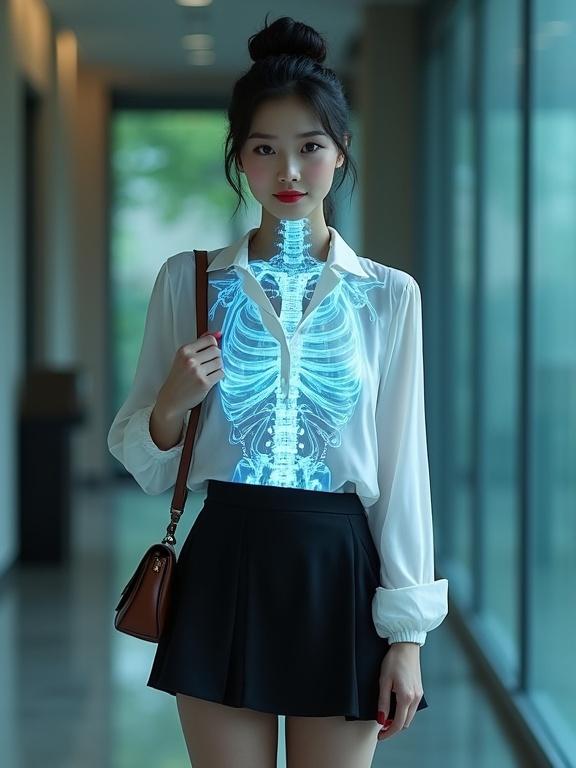 Full body view of a mid-20s East Asian female spy. Semi-transparent holographic X-ray scan overlays her torso showing internal mechanical components. Dressed in pearl white V-neck chiffon blouse and black knee-length skirt. Her legs clad in sheer black pantyhose with low-block heels. Hair in a neat bun, slight smile. Brown satchel slung over her shoulder, standing casually.