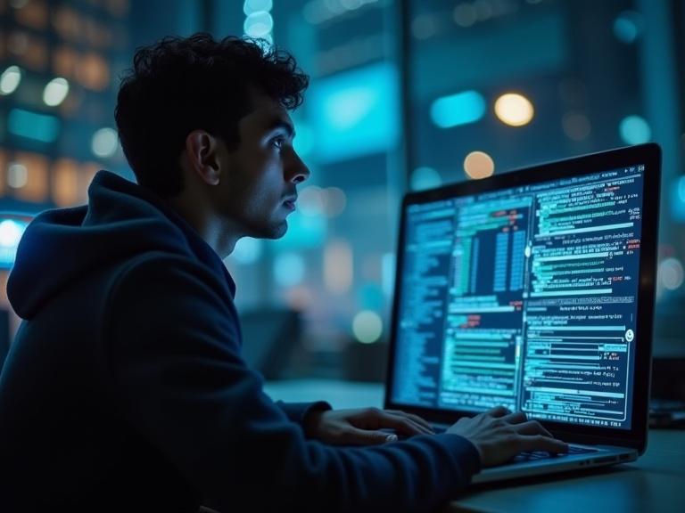 Person focused on coding at a laptop. Digital memory effect visible on the screen.