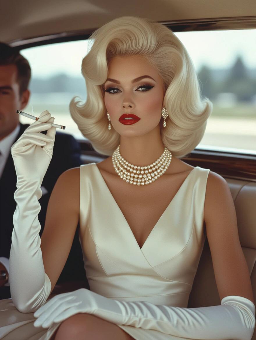 Stunning portrait of a woman from the 1960s. She has voluminous platinum blonde hair. She wears a delicate pearl necklace and diamond earrings. An ivory sundress complements her outfit. Holding a cigarette, she sits in the back of a limo next to a man. Her makeup is flawless with winged eyeliner and ruby red lips. Accessories include white gloves and high heels. The image is rendered in a style reminiscent of Slim Aarons photographs.