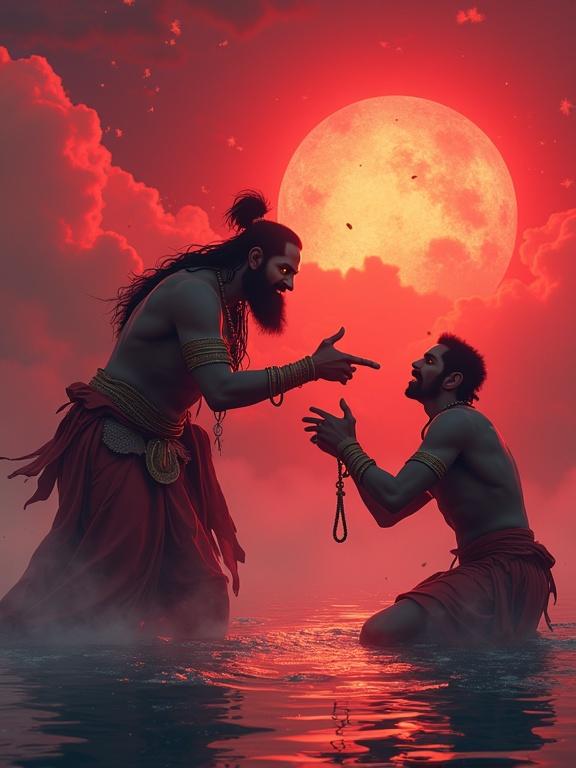 3D pixel art scene featuring Parashurama waking up surprised and angry at Karna. Karna kneels with folded hands showing shame. Background has a dramatic red sky and moon. Visual wave effects depict curse emission. Intense emotions and camera shake for effect.