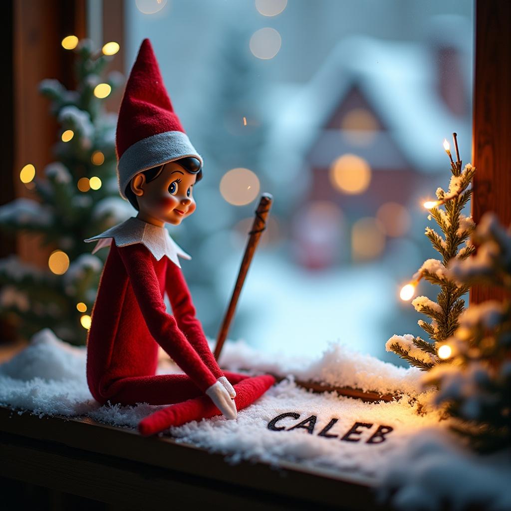 Enchanted Christmas scene features elf on the shelf facing viewer. Elf wears red outfit, holds stick and writes 'CALEB' in snow. Background showcases snow and Santa's village. Scene evokes Christmas spirit with whimsical charm.