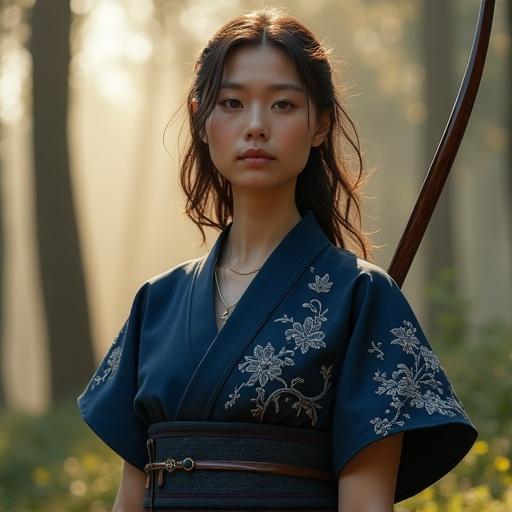 A 25-year-old female scout named Clarisse stands in a tranquil forest. She wears a deep indigo kimono-style outfit made of silk. The outfit has silver cherry blossom embroidery and elegant short sleeves. There is an obi-style sash around her waist. She has archery armor that balances practicality with elegance. Her longbow is slung over her back. The background shows a misty forest at dawn with soft light illuminating the scene.