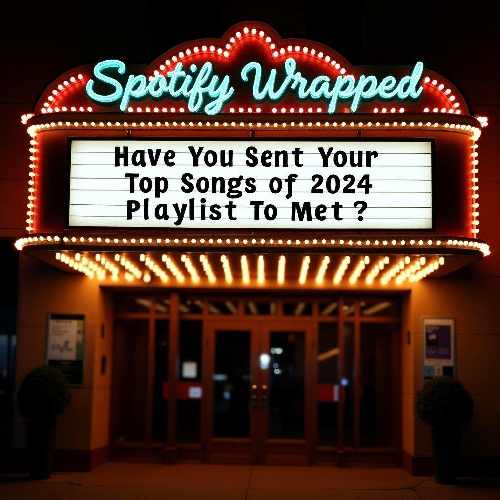 The image features a classic movie marquee sign illuminated in bright colors. It displays a message about Spotify Wrapped. The establishment name is written in elegant cursive and adorned with lights. The facade creates a warm atmosphere for social gatherings.