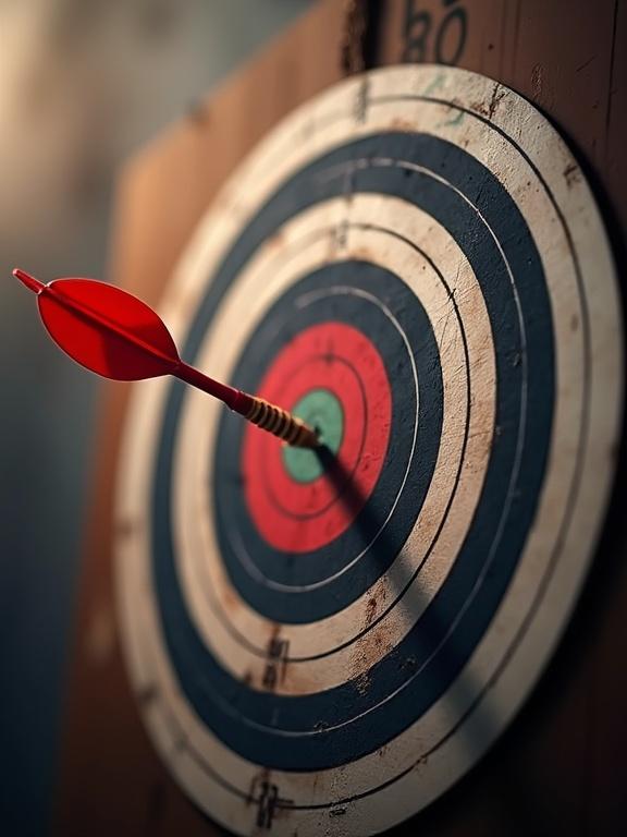 Photorealistic image of a target. Clear focus on dart in center. Blurred background with additional darts visible. Ideal for presentations.