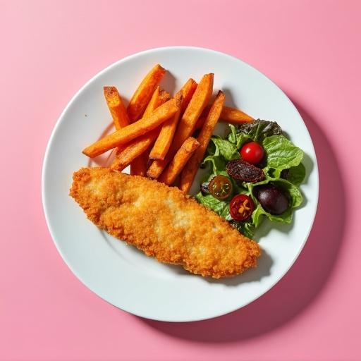 Plate of fried cod fillet served with sweet potato fries and side salad on a solid pink background.
